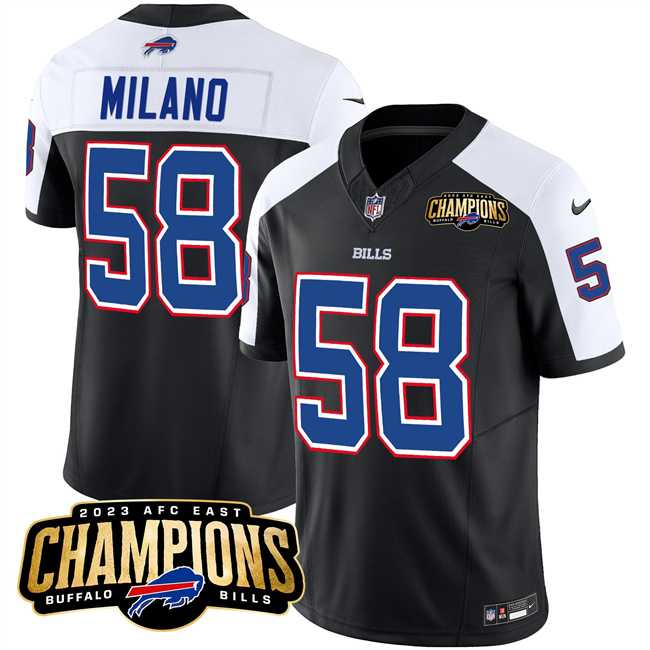 Men & Women & Youth Buffalo Bills #58 Matt Milano Black White 2023 F.U.S.E. AFC East Champions With 4-star C Ptach Stitched Jersey